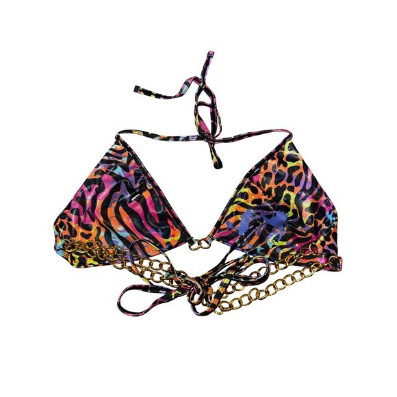 Animal Print Two Piece Bikini Gold Chains Halter Top Triangle Swimsuit Wild‎ XL - Picture 3 of 4